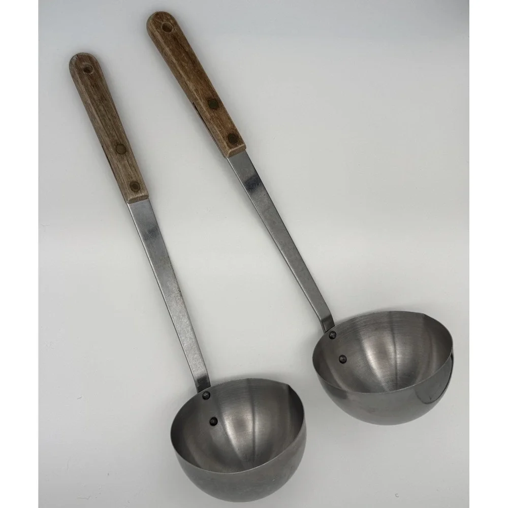 Lot of 2 Vintage Japan Stainless Steel Soup Ladles Riveted Wood Handles 10